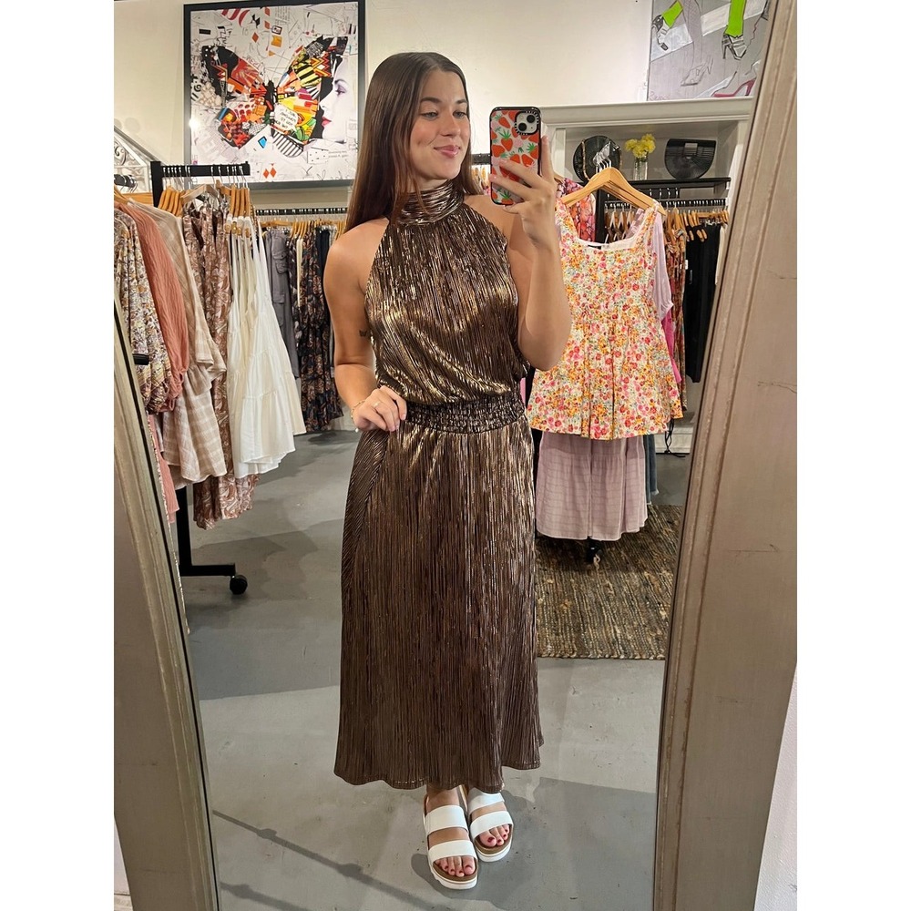 Veronica M Bronze Metallic Pleated Halter Midi Dress Smocked Waist Womens Medium